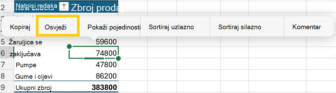 Osvježavanje zaokretne tablice s kontekstnog izbornika na iPadu.