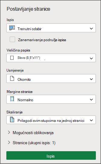 Ispis trenutnog odabira u Excel za web