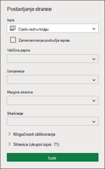 Ispis cijele radne knjige u programu Excel za web
