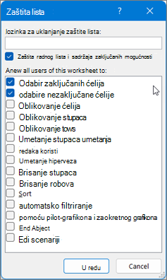Dijaloški okvir Zaštita lista