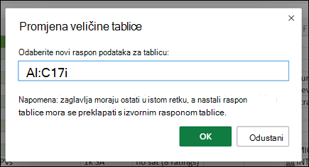 Dijaloški okvir Promjena veličine tablice