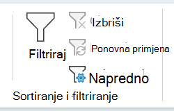Snimka zaslona s odjeljkom Sortiranje i filtriranje na kartici Podaci