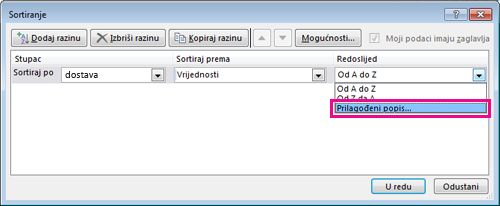 Dijaloški okvir Sortiranje