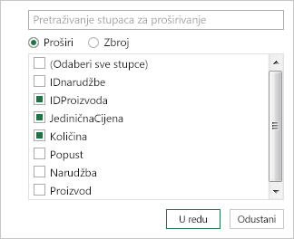 Odabir naziva stupaca