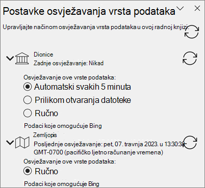 Okno Postavke osvježavanja za vrste podataka.