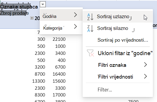 Područje redaka s kombiniranim filtrima
