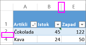 dvostruke crte između redaka i stupaca označavaju skrivene retke ili stupce