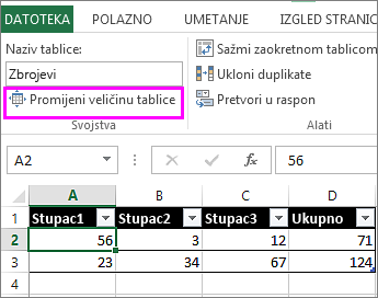 Korištenje mogućnosti promjene veličine tablice alata za tablice