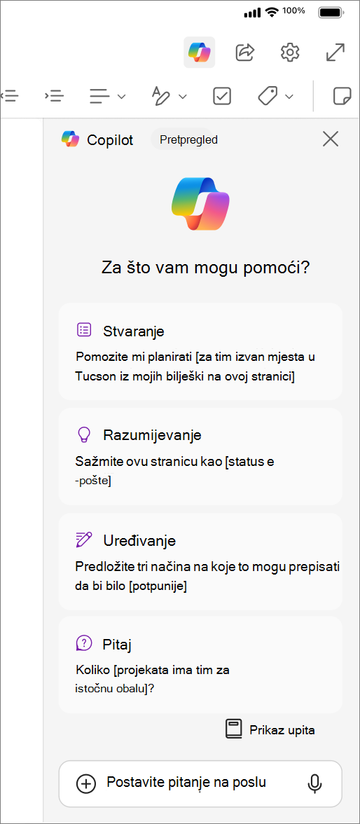 Pristup gumbu Copilot u programu OneNote za iOS