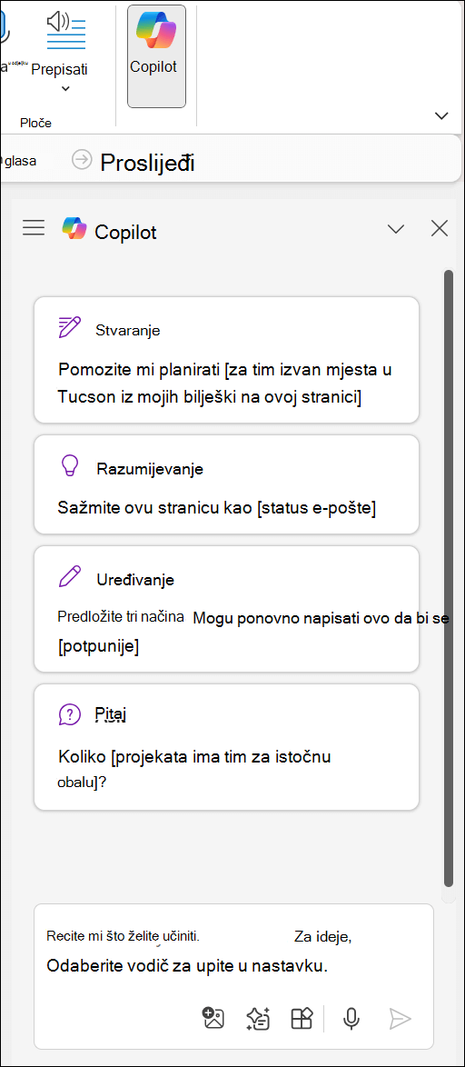 Okno značajke Copilot u programu OneNote na desnoj strani stranice.