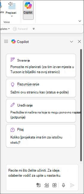 Snimka zaslona okna značajke Copilot u programu OneNote