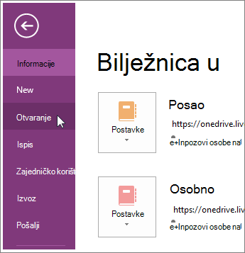 Otvaranje bilježnice s izbornika Datoteka
