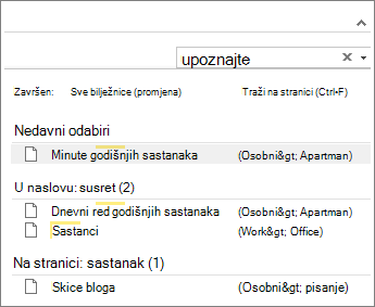 Pomoću okvira za pretraživanje potražite bilješke bilo gdje u programu OneNote.