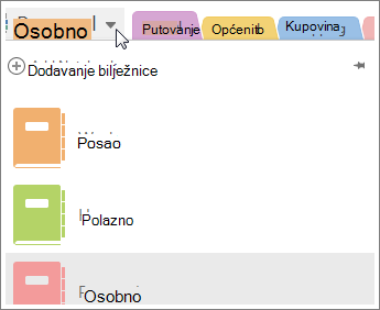 Prebacujte se između bilježnica pomoću izbornika na lijevoj strani.