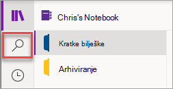 Položaj gumba Traži u programu OneNote za Windows 10.