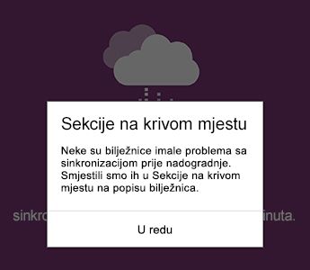 Obavijest o pogrešno smještenim sekcijama u programu OneNote za Android