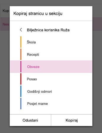 Izbornik Kopiranje stranice u sekciju u programu OneNote za Android