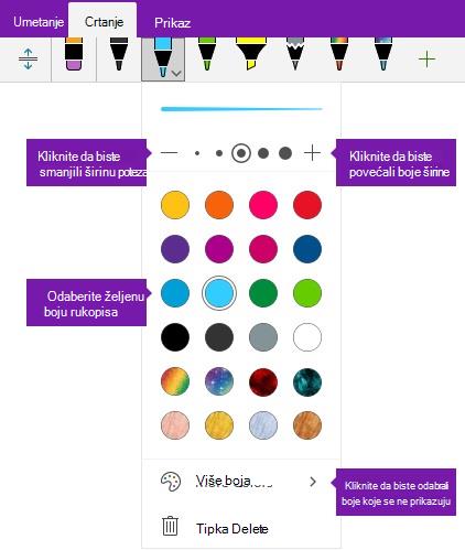Mogućnosti širine i boje rukopisnog poteza u programu OneNote za Windows 10