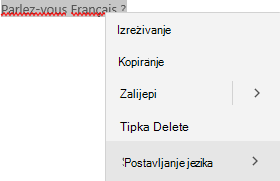 Odabrani francuski tekst s prikazom kontekstnog izbornika postavljanja jezika.