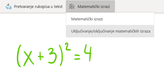 Mogućnost gumba Matematički izraz u programu OneNote za Windows 10