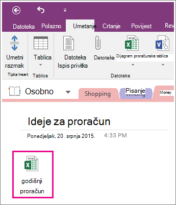 Snimka zaslona priložene proračunske tablice u programu OneNote 2016.