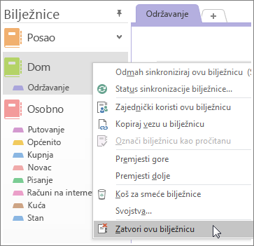 Snimke zaslona načina zatvaranja radne bilježnice u programu OneNote 2016.