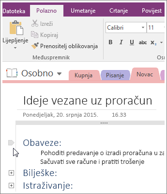 Snimka zaslona kako sažeti strukturu u programu OneNote 2016.