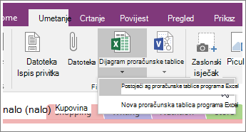 Snimka zaslona gumba za umetanje proračunske tablice u programu OneNote 2016.