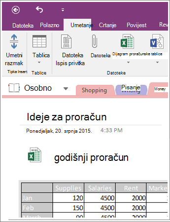 Snimka zaslona ugrađene proračunske tablice u programu OneNote 2016.