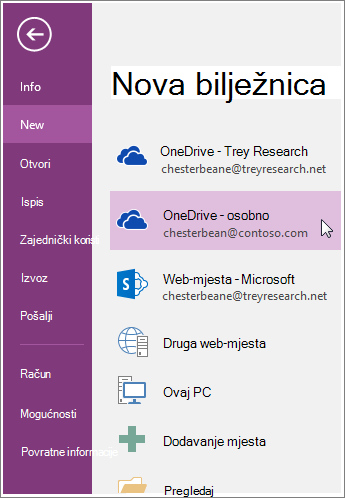 Snimka zaslona s prikazom stvaranja nove bilježnice programa OneNote.