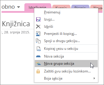 Snimka zaslona kako stvoriti novu grupu sekcija u programu OneNote 2016.