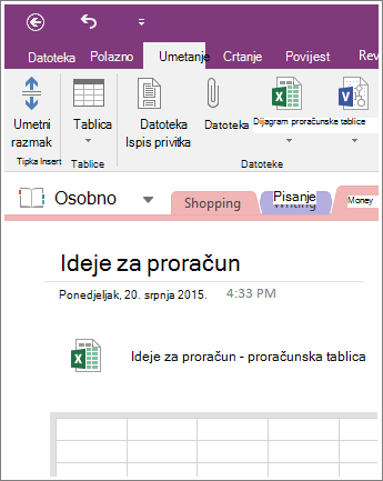 Snimka zaslona nove proračunske tablice u programu OneNote 2016.