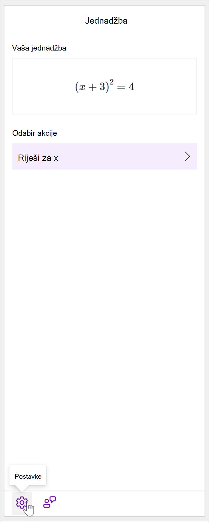 Snimka zaslona okna Matematički izraz u programu OneNote za računala s jednadžbom (x+3)^2=4. U odjeljku Odabir akcije dostupna je samo akcija Riješi prije x.