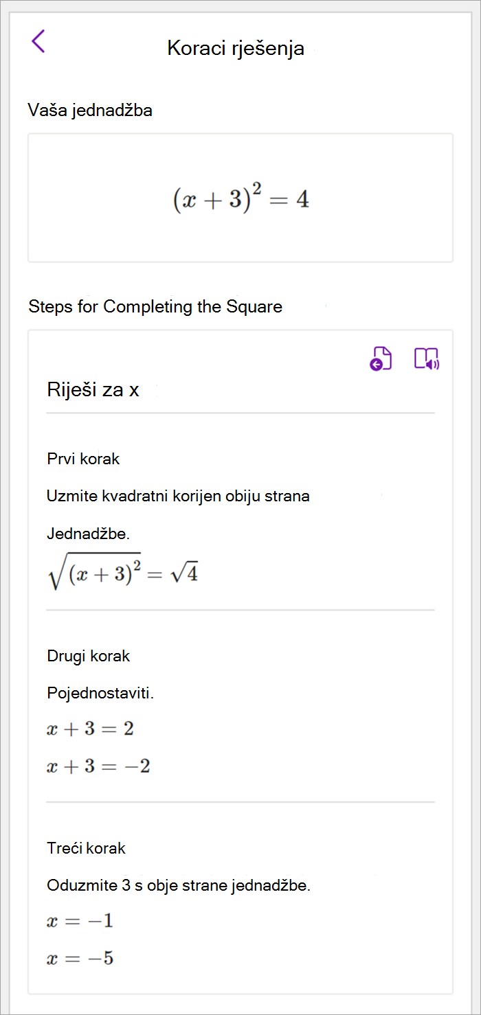 Snimka zaslona matematičkog okna u programu OneNote za računala. Prikazani su koraci rješenja za korištenje kvadratne metode za rješavanje za x.