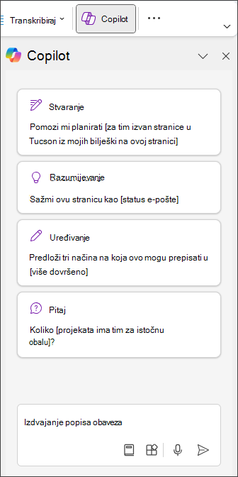 Upišite Izdvoji popis obveza u oknu rješenja Copilot u programu OneNote