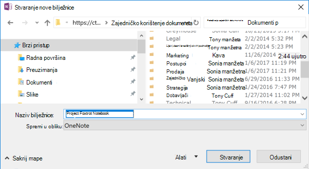 Dijaloški okvir Stvaranje nove bilježnice u programu OneNote za Windows 2016