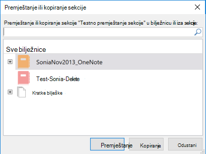 Dijaloški okvir Premještanje ili kopiranje sekcije u programu OneNote za Windows 2016
