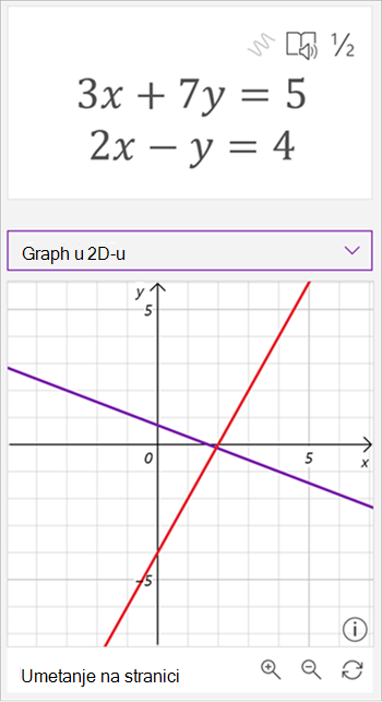 Snimka zaslona grafikona koji je generirao pomoćnik za matematičke izraze s prikazom jednadžbi 3 x plus 7 y jednako je 5, a 2 x minus y jednako je 4. Na grafikonu se prikazuju dvije crte koje se presijecaju, jedna ljubičasta i jedna crvena.