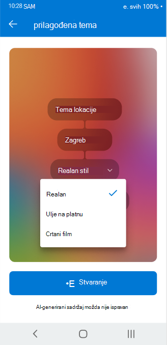 Zaslon s prikazanim biračem padajućeg izbornika koji se koristi za prilagodbu atributa prilagođene teme koju je moguće konfigurirati u programu Outlook za Android