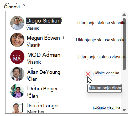 U okviru Članovi možete ukloniti status vlasnika, člana učiniti vlasnikom ili izbrisati člana.