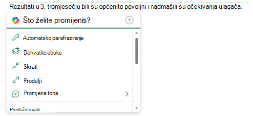 Odabran je neki tekst u poruci e-pošte, a proširen izbornik rješenja Copilot da bi se prikazale mogućnosti što možete učiniti s tim tekstom.