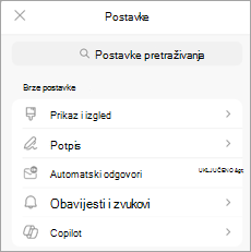 Prikazuje postavke na mobilnom uređaju, a Copilot je naveden u odjeljku Brze postavke.