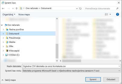 Kada uvezete oglednu .csv datoteku, spremite je na računalo kao .csv datoteku.