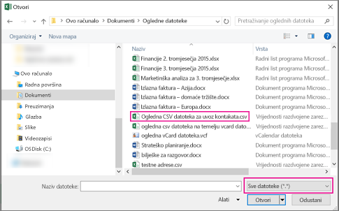 Da biste pronašli .csv datoteku, obavezno potražite sve datoteke.