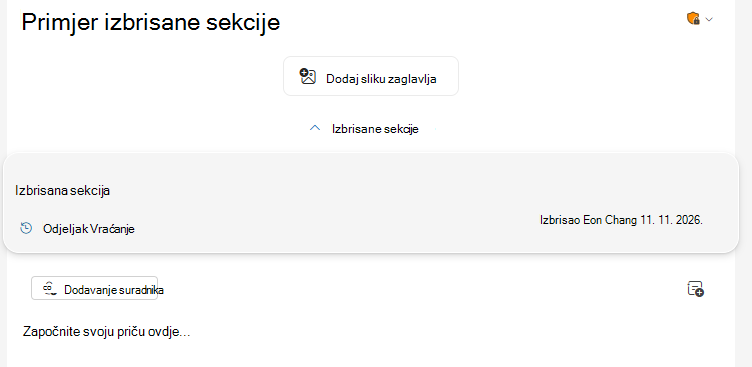 Preklopni gumb Izbrisane sekcije nalazi se pri vrhu izdanja