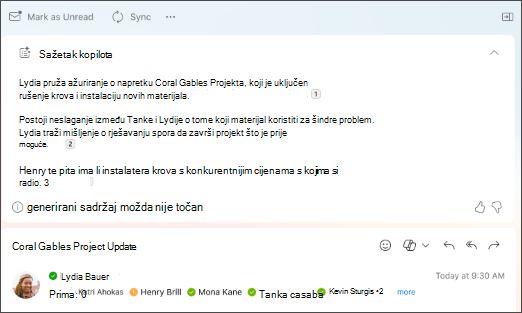 Sažetak niti poruka e-pošte s navodima koje je stvorio Copilot