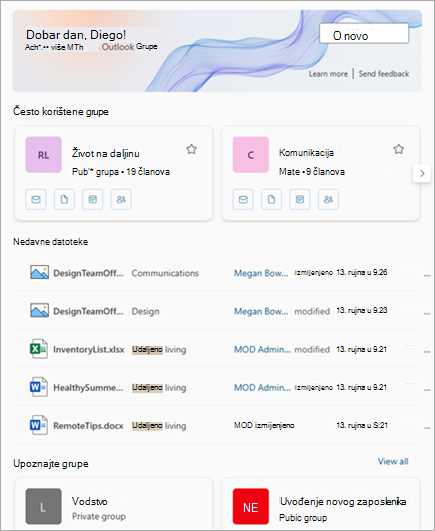 Često korištenim grupama i nedavno korištenim datotekama može se pristupiti putem sučelja za grupe u programu Outlook.