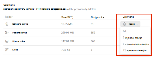 Postavke pohrane za Outlook.com.