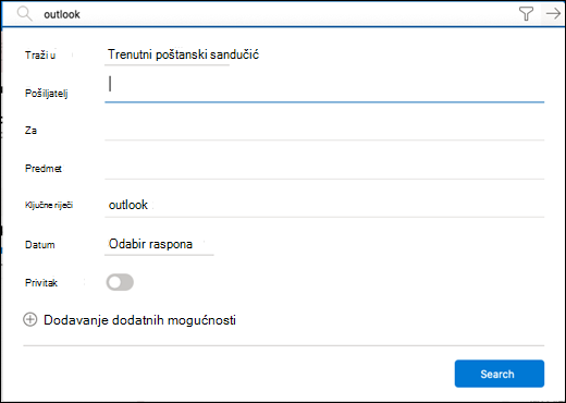 Izbornik filtara za pretraživanje.