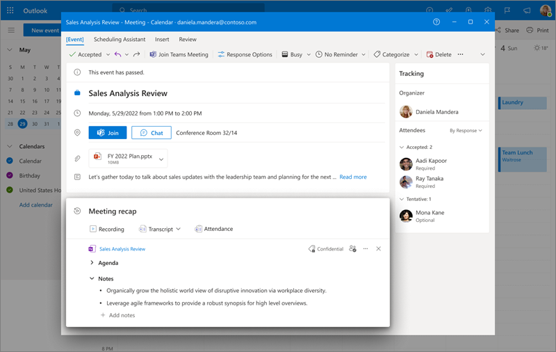 Slika koja prikazuje sažetak sastanka u kalendaru programa Outlook